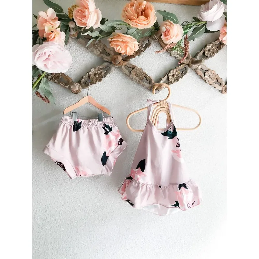 New 2pc Mauve Floral Print Soft Peplum Halter Set 2T